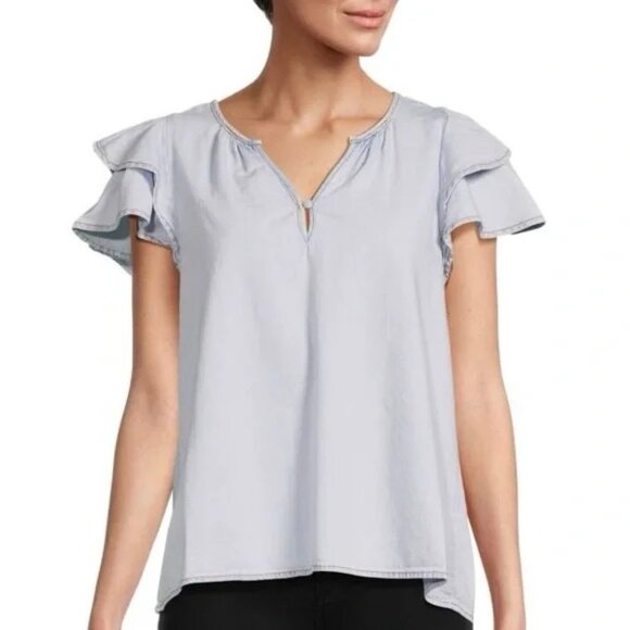 Habitual Tops - Habitual Denim Ruffle Sleeve Blouse